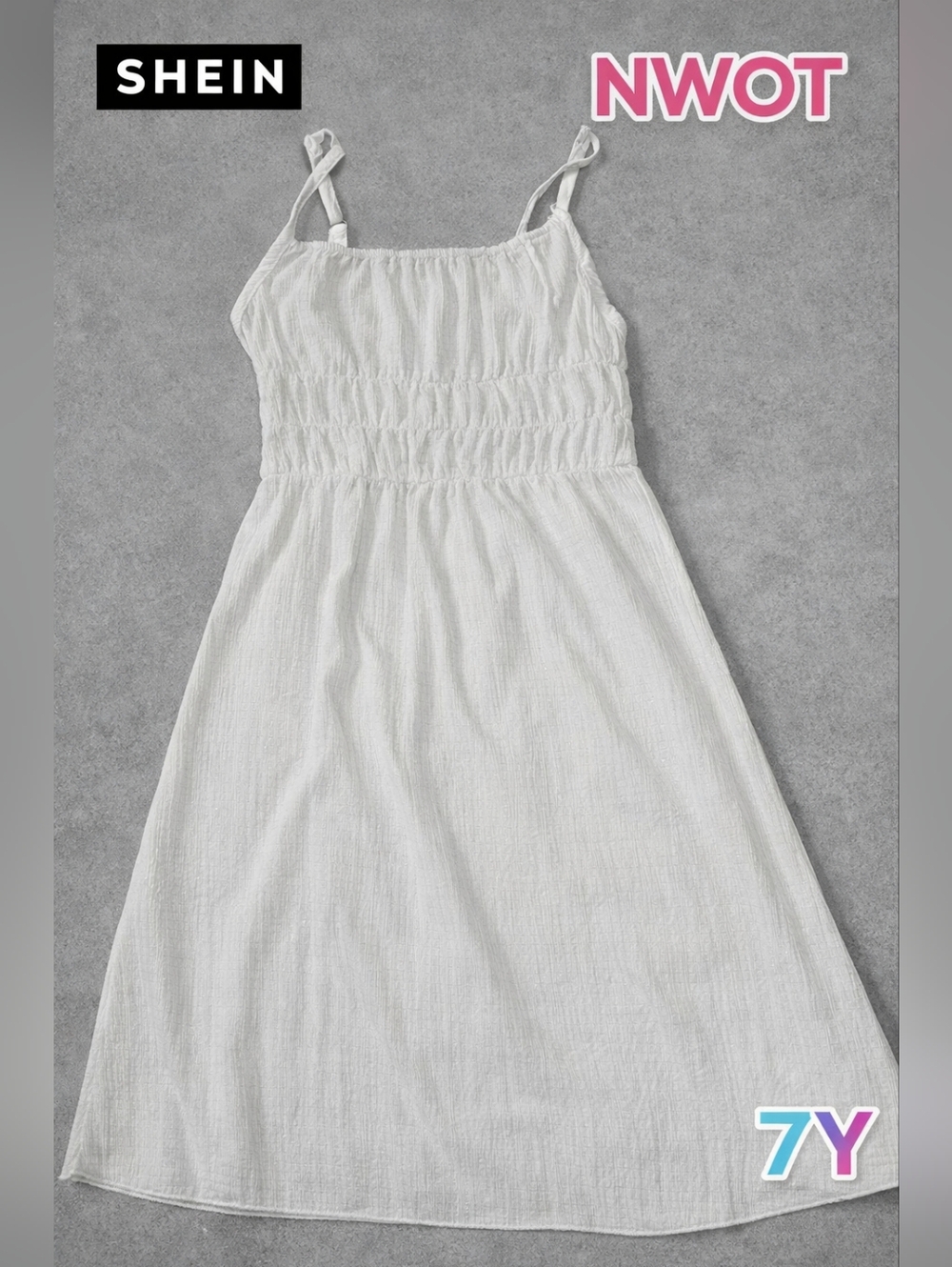 NWOT Size 7Y Shein White Smocked Midi Sundress
